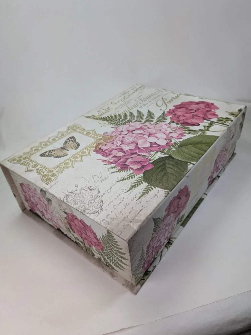 Paris Locksmith Storage Box Pink Hydrangea Gold Metallic Floral Art Large